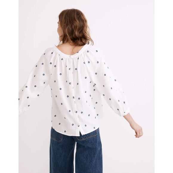 Madewell Woman’s sz M Embroidered Lightspun Wide-Neck Cuffed-Sleeve Top - Picture 9 of 10